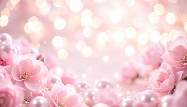 Delicate pink flower arrangement with pearls studio setting floral photography soft bokeh background aesthetic focus