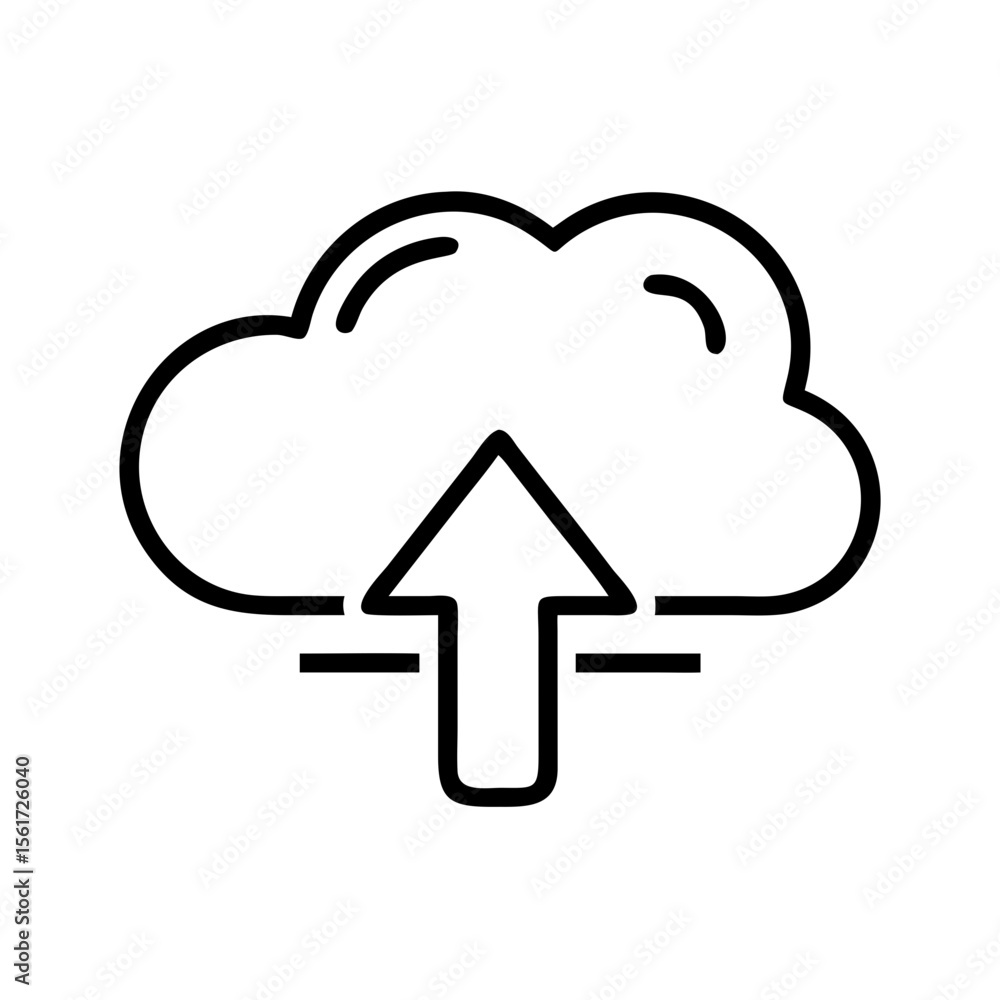 Poster line drawing of a cloud with an upward arrow indicating upload functionality and data transfer icon 