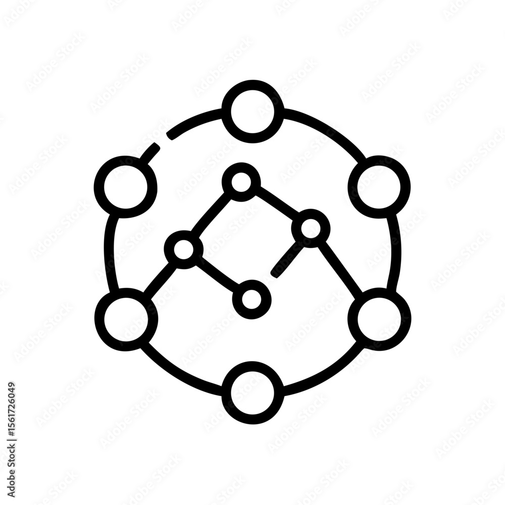 Poster circular network diagram with connected nodes and a central interconnected structure showing data fl