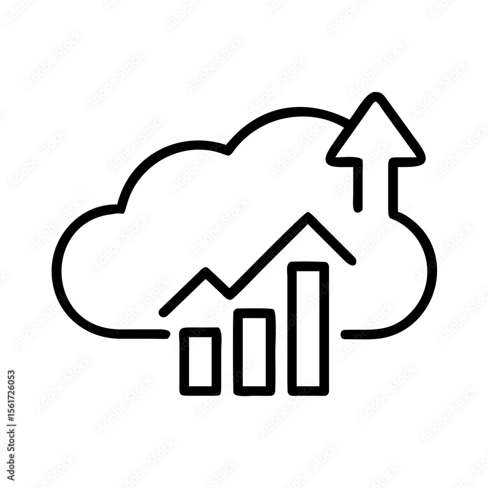 Poster cloud computing growth chart with upward arrow showing data analysis and market trends diagram icon