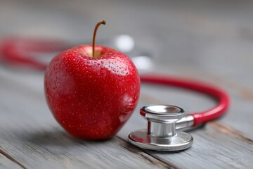 Red apple and stethoscope promoting healthy lifestyle on wooden table