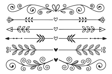 Fototapeta premium Ornamental Arrows and Swirl Dividers in Elegant Black Vector Featuring Hand-Drawn Floral Borders. Vintage Line Art for Layout and Invitation Projects.