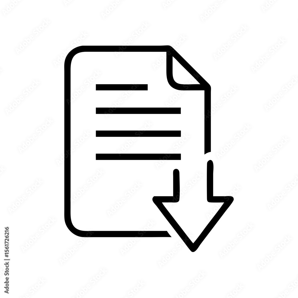 Poster outline of a document with lines and a curled corner and an arrow pointing down indicating download