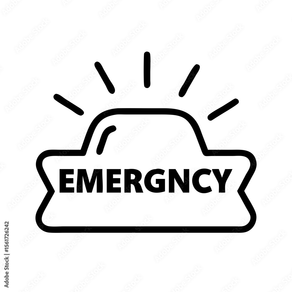 Poster emergency sign with flashing lights and bold text in black and white simple vector graphic style des
