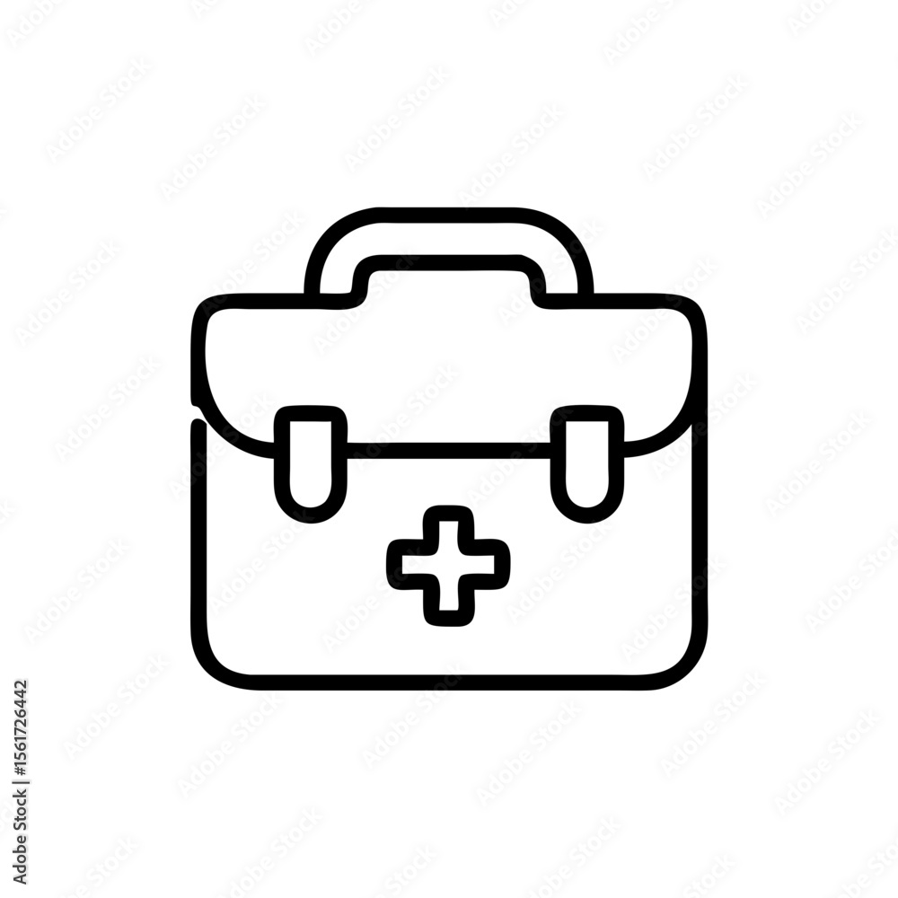 Poster outline drawing of a medical kit with a handle and a plus sign on the front side in white background