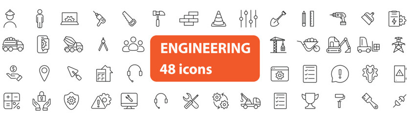 Set of 48 minimal line-style icons themed around engineering and construction. Includes icons of a worker in a helmet, drill, screwdriver, crane, concrete mixer, paint roller, power socket, hammer, br