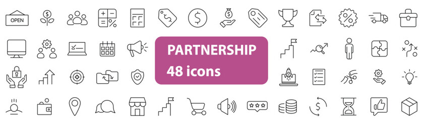 Set of 48 minimal line-style icons illustrating the concept of partnership, teamwork, collaboration, and business relations. Includes handshake, agreement, contract, group, deal, trust, support, commu