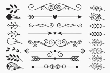 Obraz premium Decorative Swirl and Arrow Dividers with Floral Accents in Elegant Hand-Drawn Black Vector. Vintage Borders for Posters, Layouts, and Invitations.