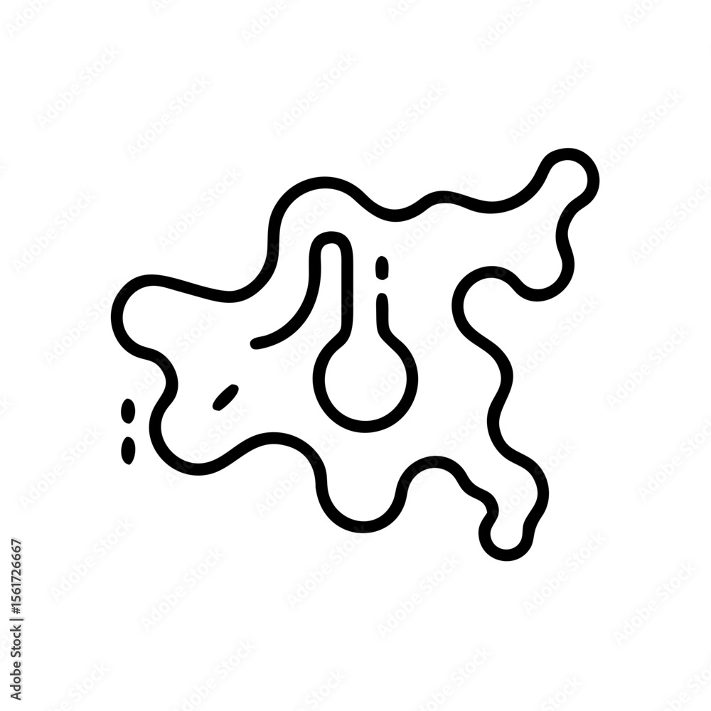 Poster outline drawing of an amoeba like shape with a bulbous form inside and small dots on the left side