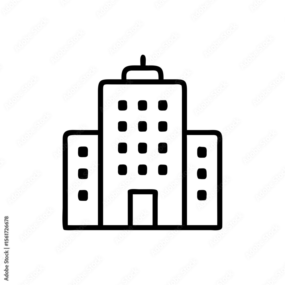 Poster illustration of a building with multiple windows and a small antenna on top in a simple line drawing