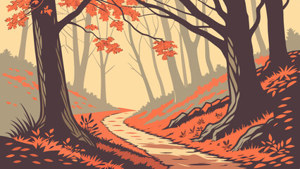 Illustration of a winding path through an autumn forest with falling leaves and tall trees scene view