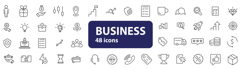A set of 48 clean and modern business icons in minimal linear style. Includes symbols for analytics, strategy, teamwork, growth, target, briefcase, documents, money, and office workflow. Ideal for pre