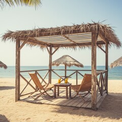 Fototapeta premium Tropical Beach Gazebo with Two Chairs and Drinks