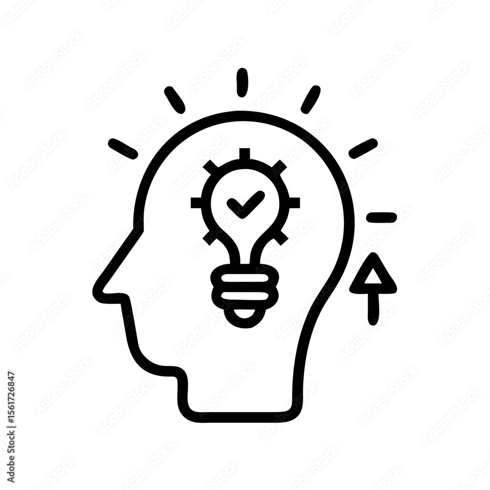 Poster outline of a head with a lightbulb inside and an arrow pointing up representing idea generation proc