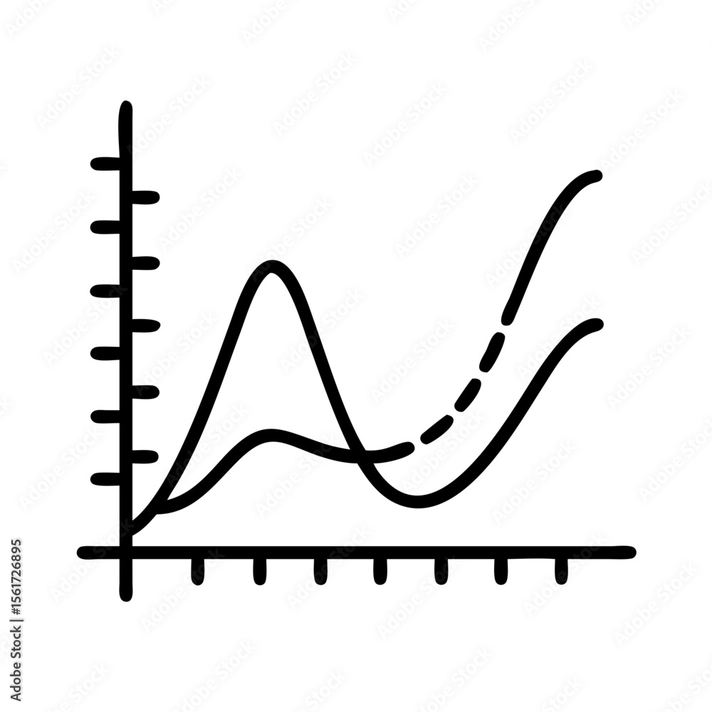 Poster illustration of a graph with two lines showing different trends and a vertical axis with markers