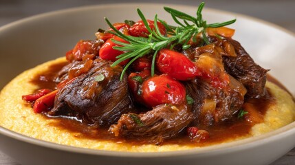 Creamy mashed potatoes and rich sauce underlie gourmet lamb chops topped with a herb crust in a refined and elegant restaurant setting