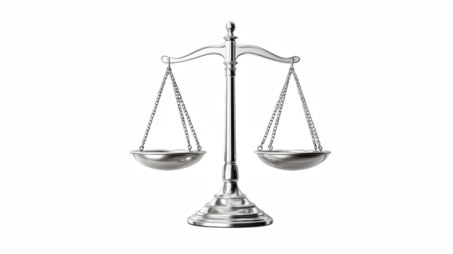 Silver scales of justice isolated on white background symbolizing law and balance