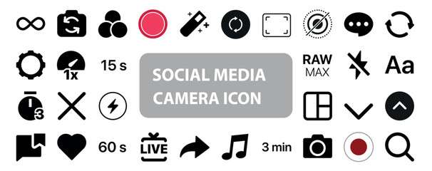 Set of minimalist black social media camera icons featuring red REC button elements, inspired by camera interfaces from popular social media apps. Modern and sleek design suitable for web, mobile, and