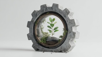 A green plant is thriving in soil encircled by metallic gears, representing a fusion of sustainability and eco-friendly technology