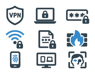 Remote Work Security Icons. Flat icon set of remote work security: VPN shield, locked device, password field,