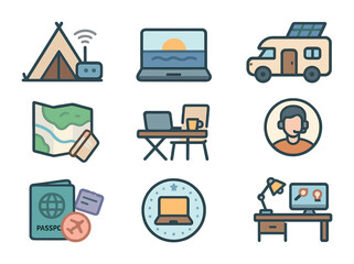 Digital Nomad Icons. Flat icon set of digital nomad lifestyle: tent with router, ocean view with laptop,