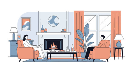 Cozy Living Room Scene Illustrating Relaxation and Companionship by a Warm Fireplace