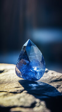 Saphire blue gemstone on rock, in dreamy surreal background.