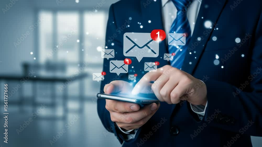 Poster email overload: businessman checking notifications on phone - digital communication, inbox managemen