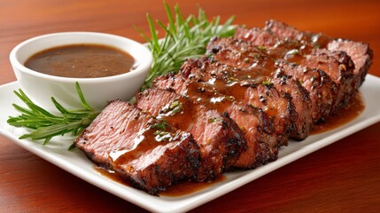 Roasted duck breast, sliced and served on a white plate, comes with berry sauce and is garnished with fresh herbs