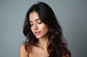 Naklejka premium Young woman with long wavy dark hair looking down. Attractive female with perfect skin, nude makeup. Beauty portrait, studio shot, fashion, glamour, skincare ad concept. For beauty, hair products