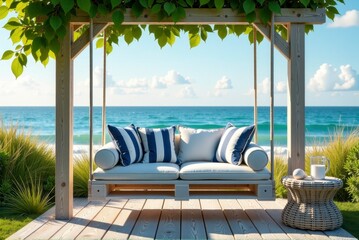 Fototapeta premium Beachside outdoor lounge bed with blue cushions under a pergola, perfect for relaxation. Reuse of wooden pallets, care for the environment. secondary raw materials and recycling