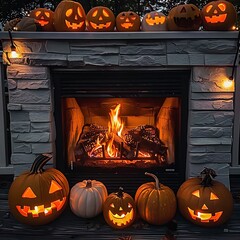 Illuminated jack-o'-lanterns adorn a cozy fireplace mantel evoking autumnal spirit and warmth