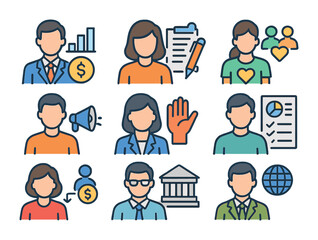 Nonprofit Sector Icons. Flat icon set of nonprofit sector jobs: development officer, grant writer, volunteer