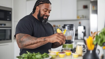 Latino man in workout gear preparing a healthy protein smoothie in a modern kitchen setting. Clean and bright kitchen background