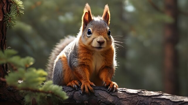 Close-up of a Red Squirrel on a Tree Branch