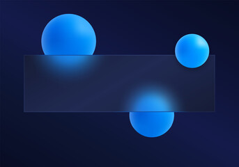 Dark background in glass morphism style with glowing blue spheres, modern elegant abstract design for banners, ui, websites and presentations.