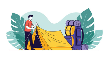 Obraz premium Man Setting Up Tent for Outdoor Camping Adventure with Large Backpack and Luggage in Nature Surrounded by Lush Green Foliage