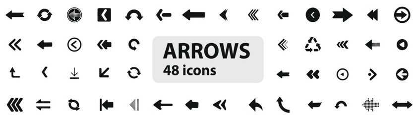 A comprehensive set of 48 vector arrow icons featuring minimalist design. Includes arrows pointing in multiple directions, styles, and shapes suitable for UI, web, and graphic design projects.