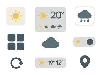 Weather Widget Set. Flat icon set of customizable weather widgets: minimal sun widget, large forecast panel,