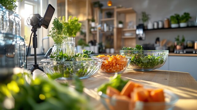 Lifestyle vlogger recording vegan recipe in modern kitchen with smartphone tripod and organized vegetables. Clean and bright kitchen background - Powered by Adobe