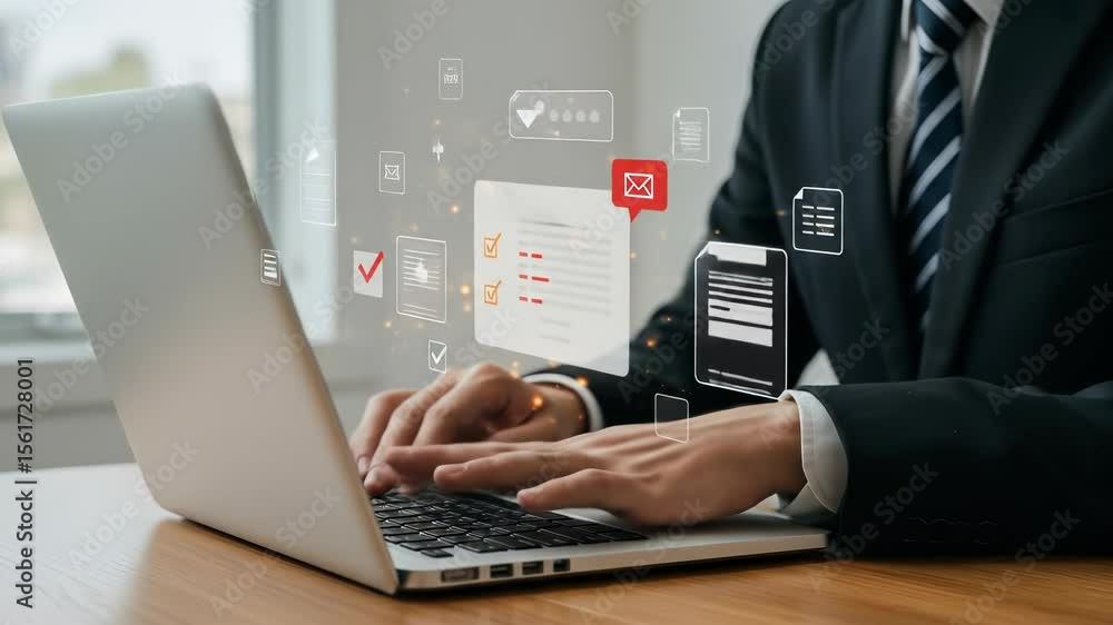 Poster business automation: man using laptop with virtual task list & email icons for productivity, efficie