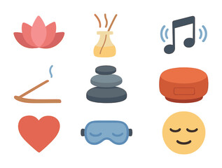 Spa Relaxation Icons. Flat icon set of spa-themed relaxation symbols: lotus flower, aroma diffuser, soft music