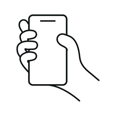 Minimalist icon depicting a hand holding a smartphone. Simple and clean design perfect for mobile apps, user interfaces, and technology-related projects.