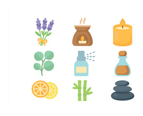 Aromatherapy Icon Collection. Flat icon set of spa aromatherapy elements: lavender bunch, oil diffuser,