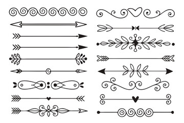 Fototapeta premium Hand-Drawn Divider Elements Featuring Swirls, Arrows, and Floral Motifs in Elegant Black Vector. Ornamental Vintage Borders for Layout Templates and Invitations.