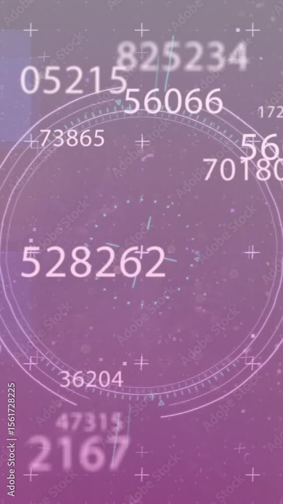 Poster animation of changing numbers over circles over dna helix, loading bars against abstract background