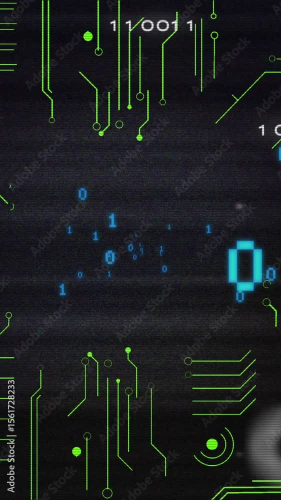 Poster animation of looping binary codes over circuit board pattern against black background