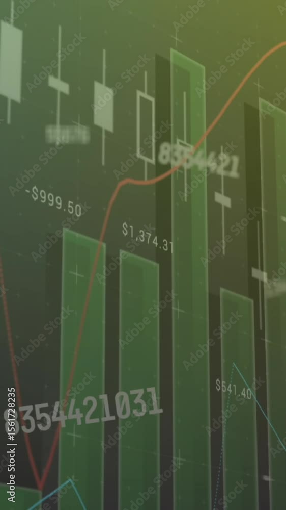 Poster animation of changing numbers over multiple graphs and lens flare against abstract background