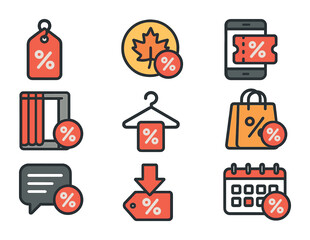 Fashion Discount Icons. Flat icon set of fashion outlet discounts: red sale tag, seasonal clearance icon, app