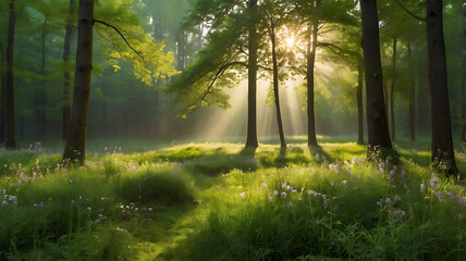 Obraz premium Serene Sunrise in a Lush Green Forest Meadow with Sunbeams and Wildflowers